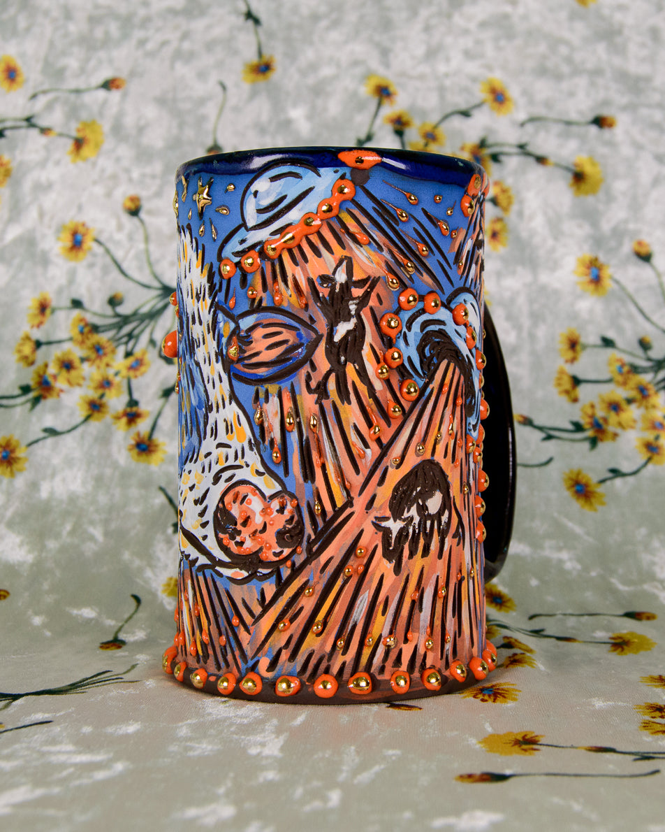Colorful ceramic mug with cartoon alien UFO designs and cows