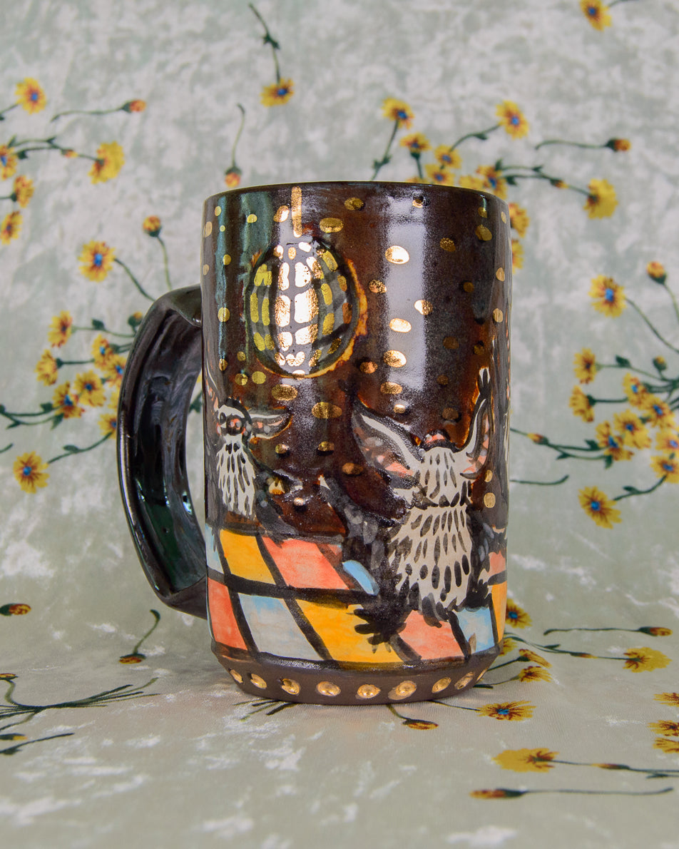 Ceramic mug with artistic design of bats at the disco on a floral background