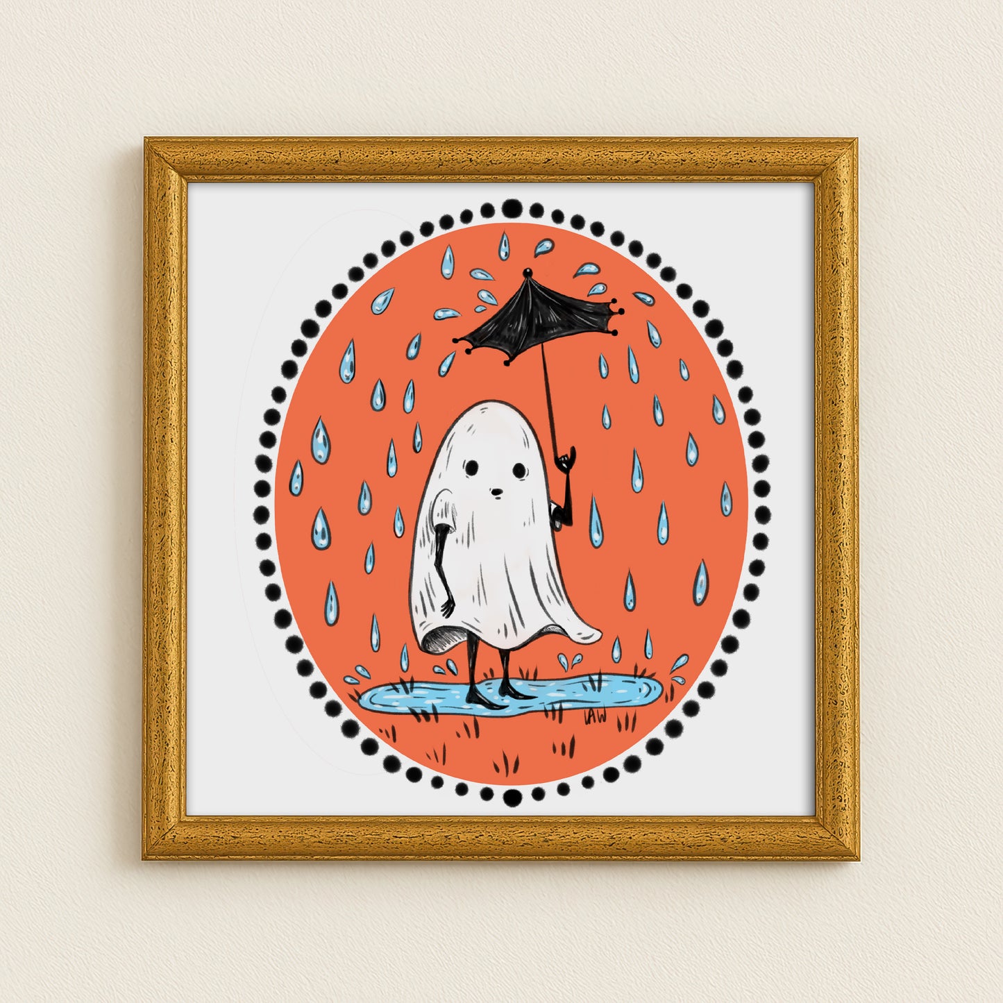 Framed artwork of a ghost holding an umbrella on an orange background with raindrops.