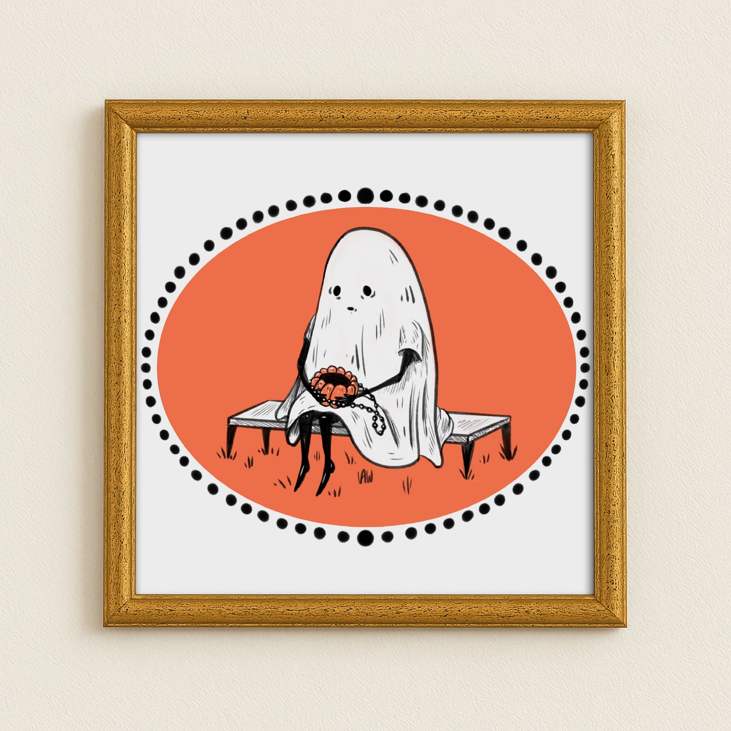 Framed illustration of a ghost with a pumpkin purse on an orange circle background