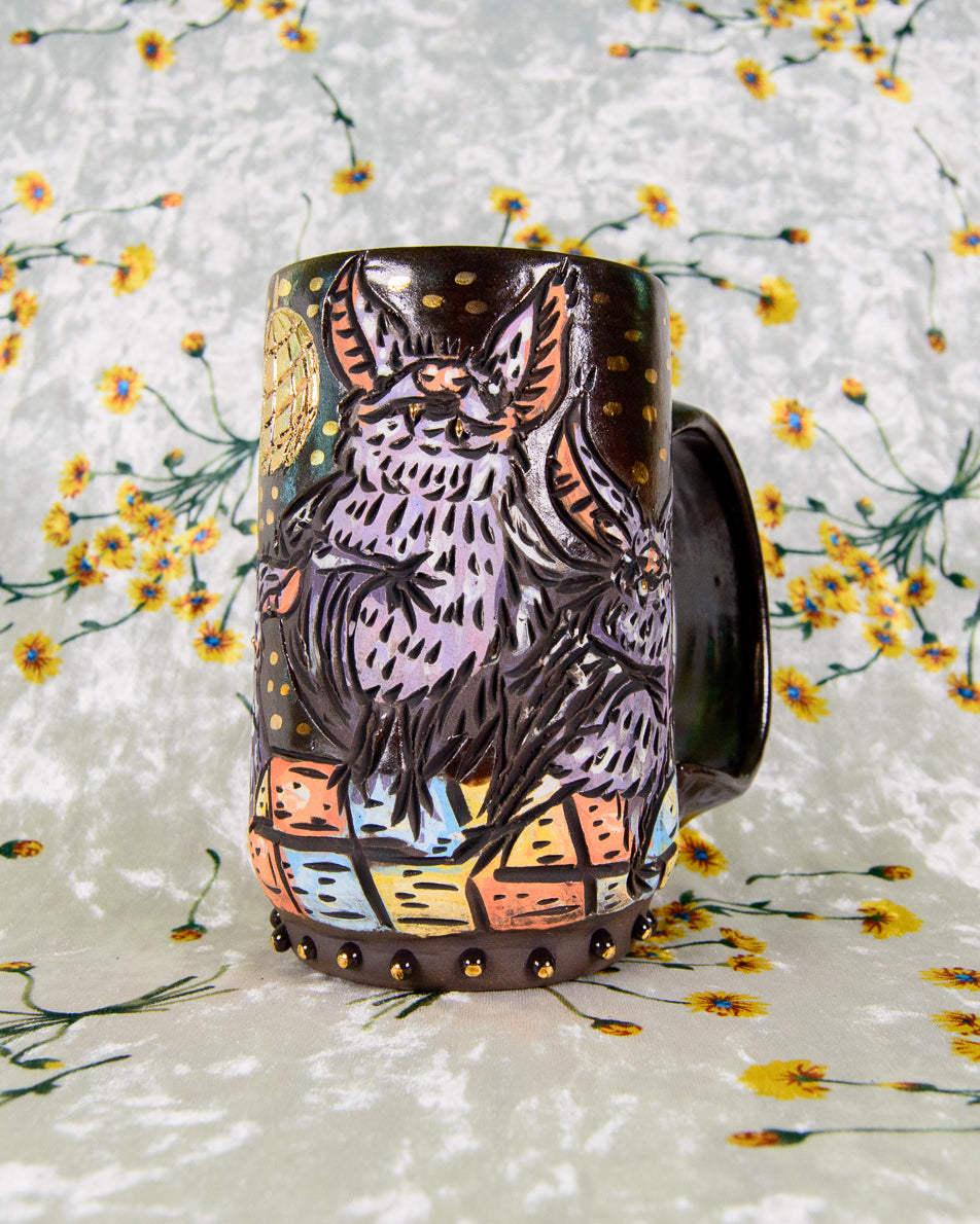 Ceramic mug with a cute colorful dancing bat design in a cartoon style