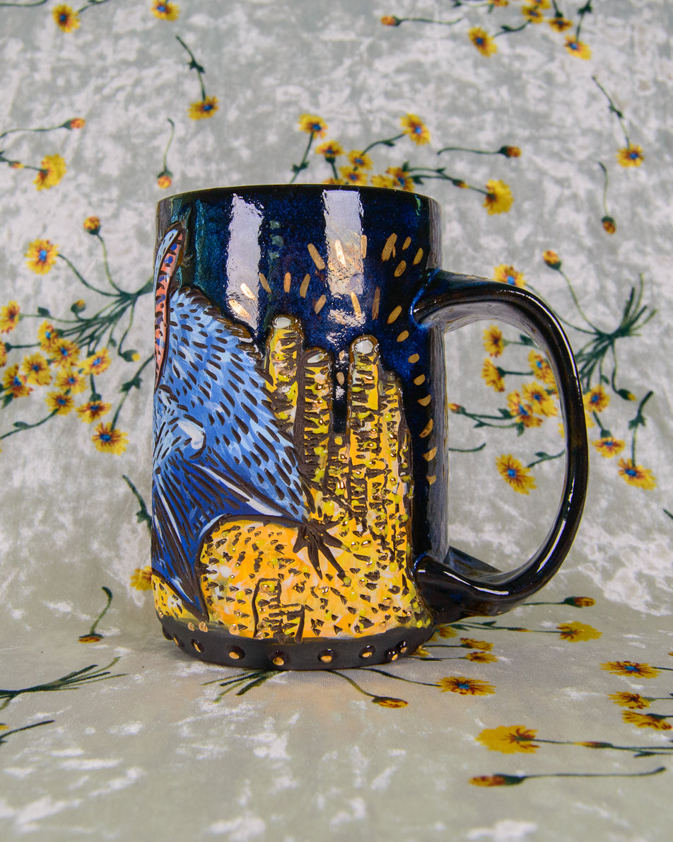 Ceramic mug with artistic money pile design on a floral background
