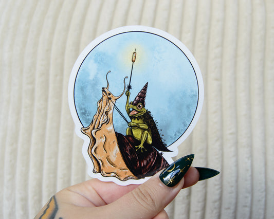 Sticker with a cartoon stylized snail and frog in wizard hats on a textured beige background
