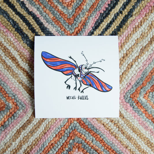 Colorful weevil illustration on a white card with a patterned fabric background