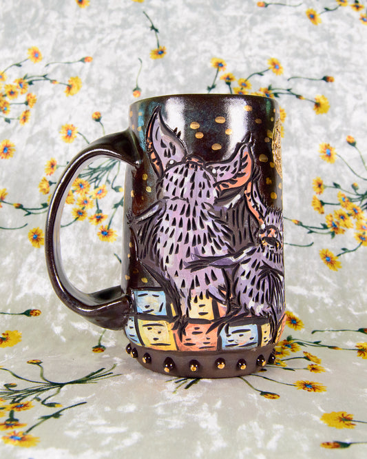 Mug with a purple dancing bat design and 70's style dance floor