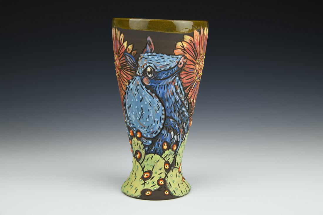 Handmade ceramic goblet with a cute blue armadillo and cactus design