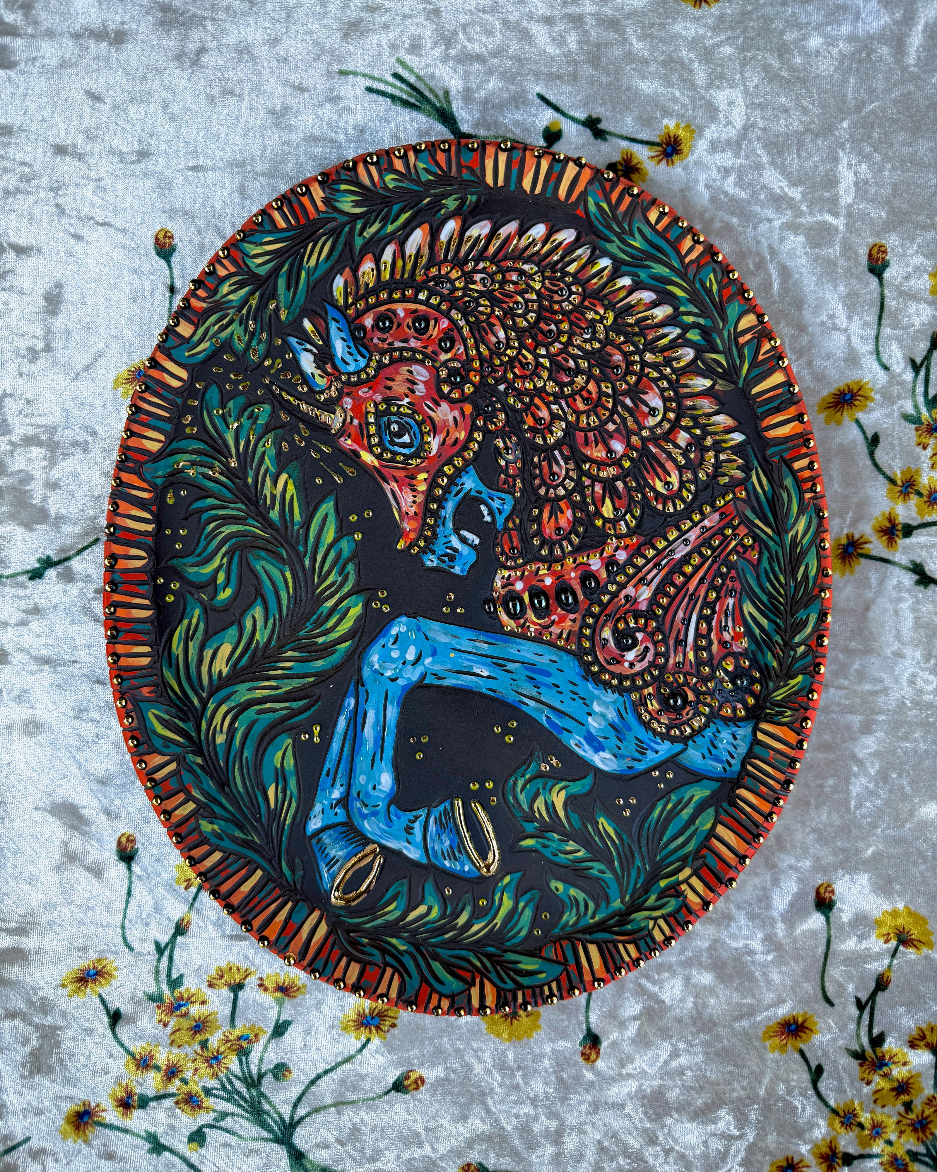 Handmade ceramic stoneware decorative platter with a colorful armored carousel horse design