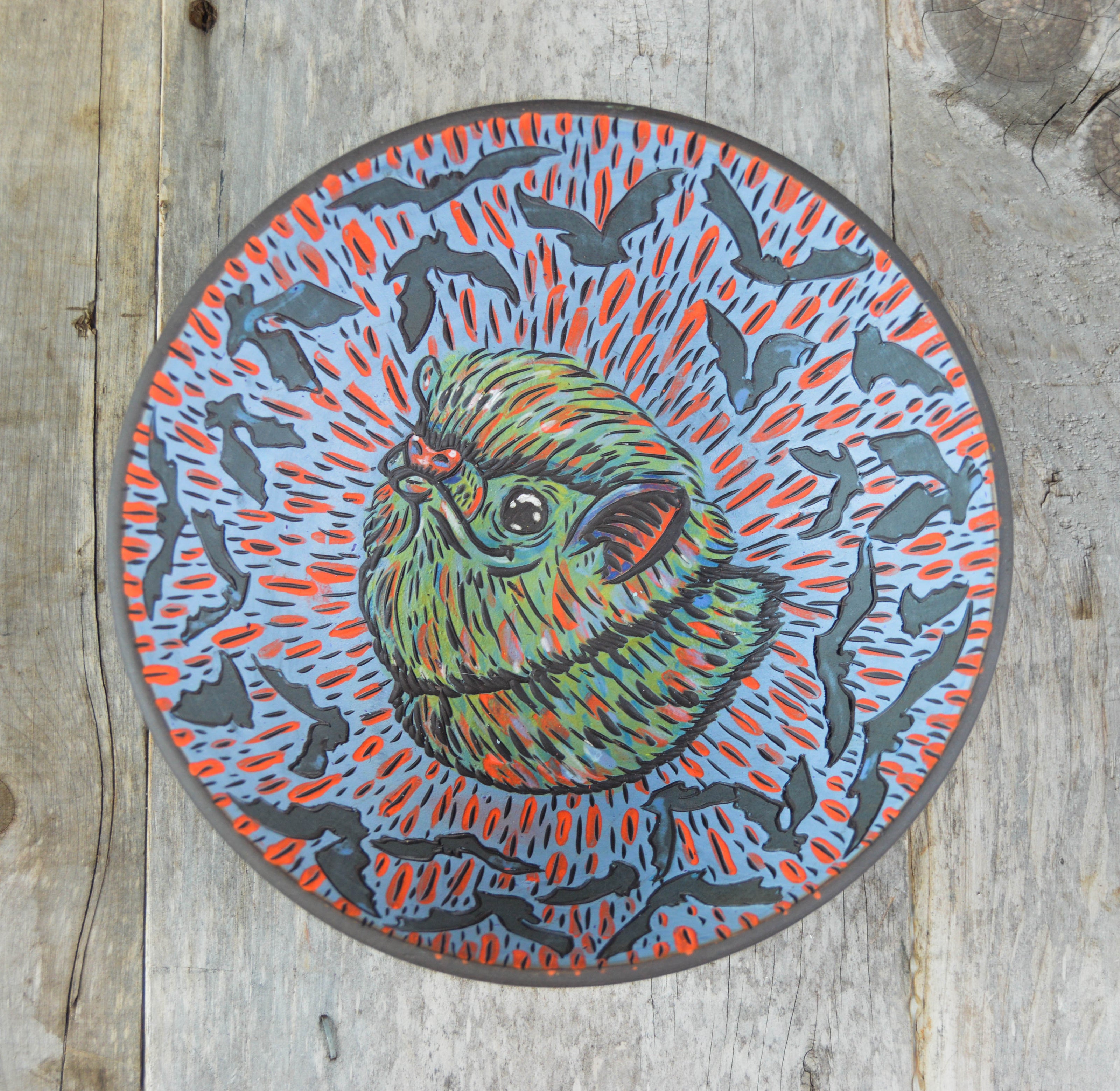 Handmade ceramic stoneware candy bowl with bat designs