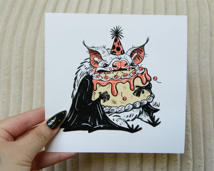 Illustration art print of a bat wearing a party hat and eating a birthday cake on a white background