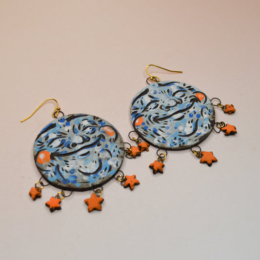 Handmade full moon earrings with orange star beads