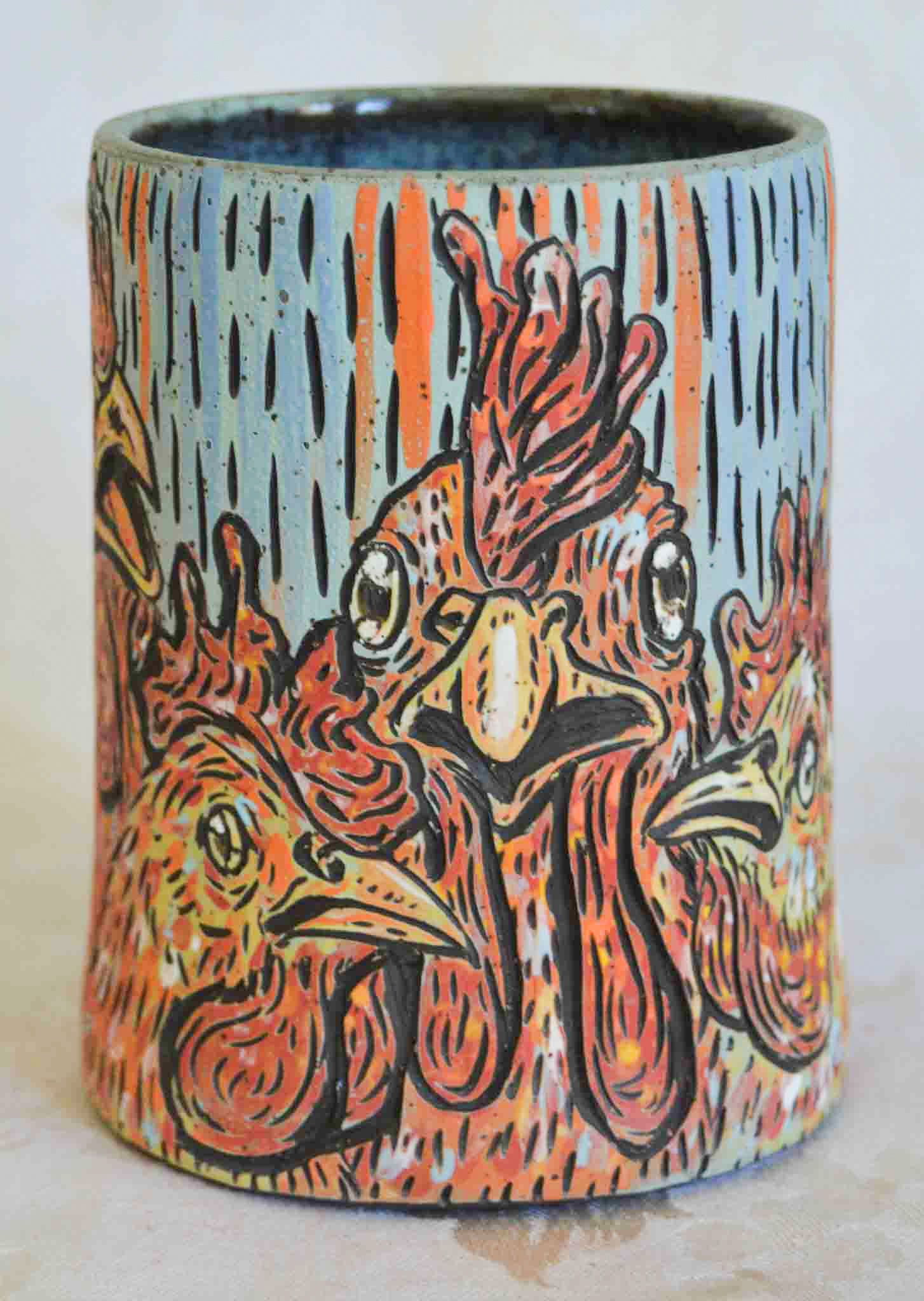 Handmade ceramic stoneware mug with stylized chicken designs