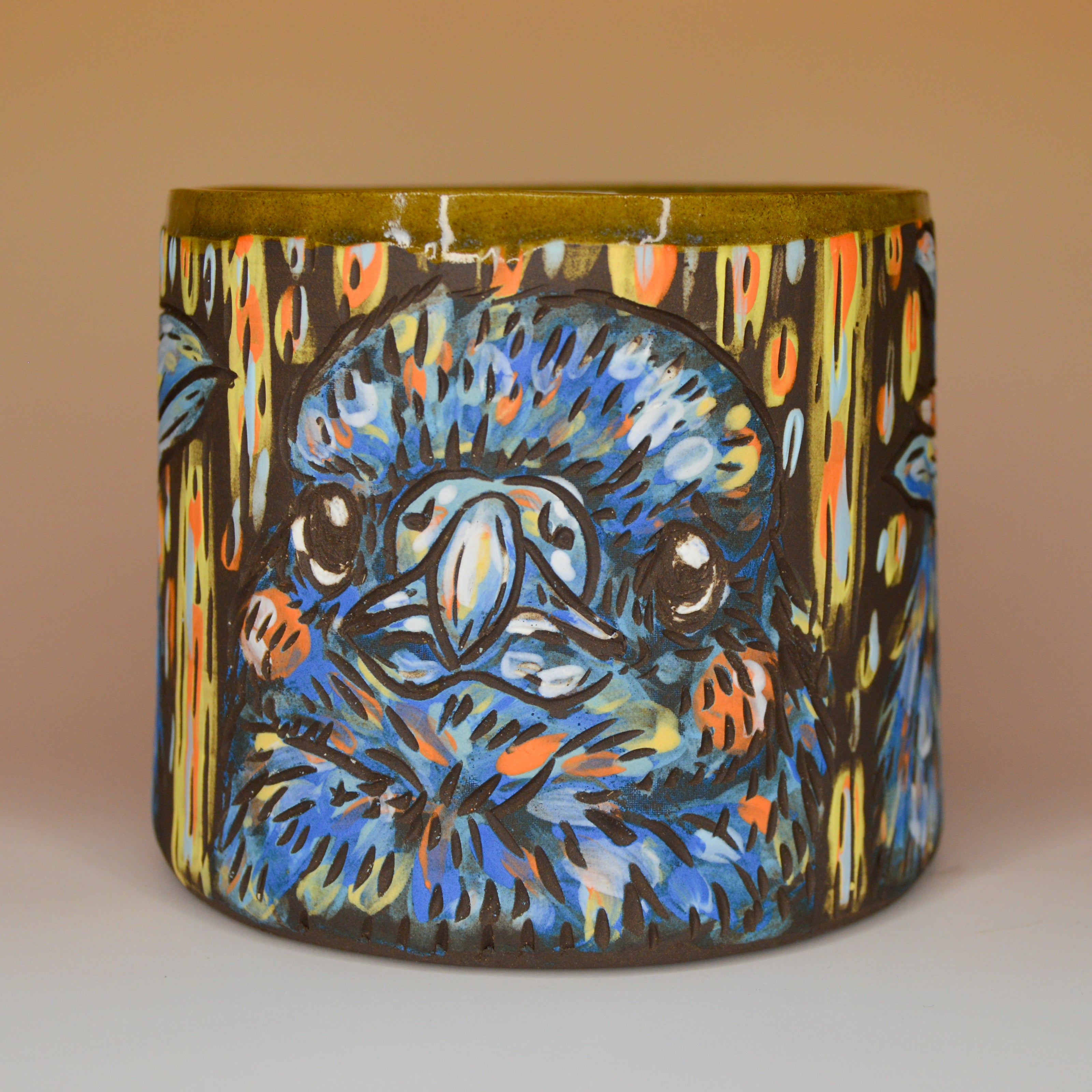 Handmade ceramic stoneware mug with cute crow designs