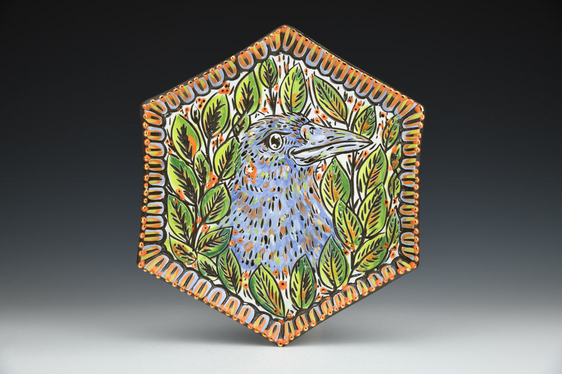 Handmade ceramic stoneware hexagon plate with a crow and leaf design