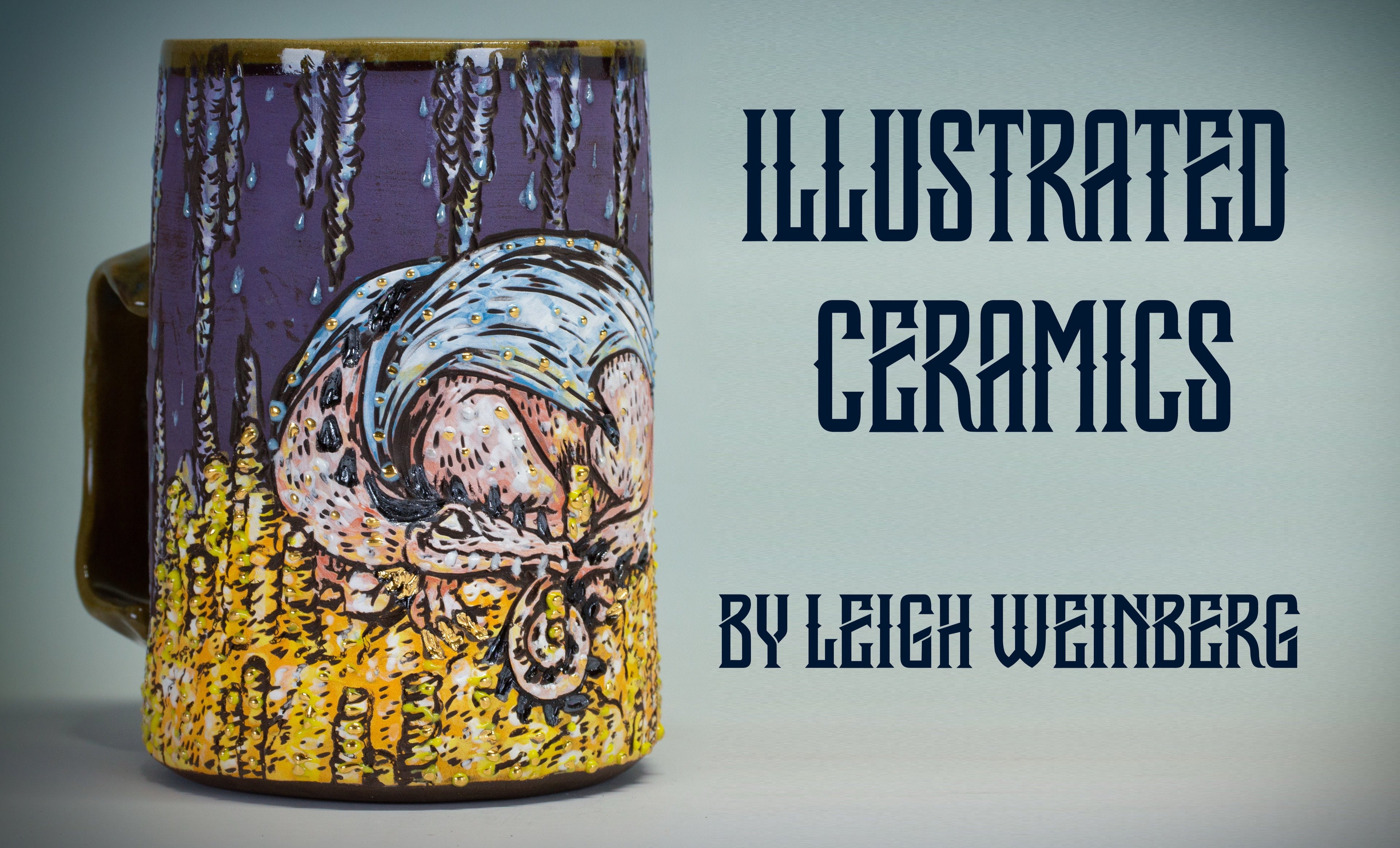 Illustrated Ceramics By Leigh Weinberg, displaying a black stoneware ceramic mug painted with a pink dragon sleeping on a bed of golden coins in a purple cave full of stalagmites. 