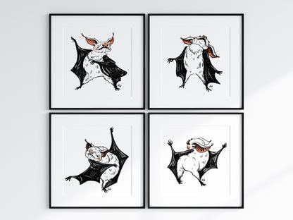 Four framed illustrations of bats on a white background