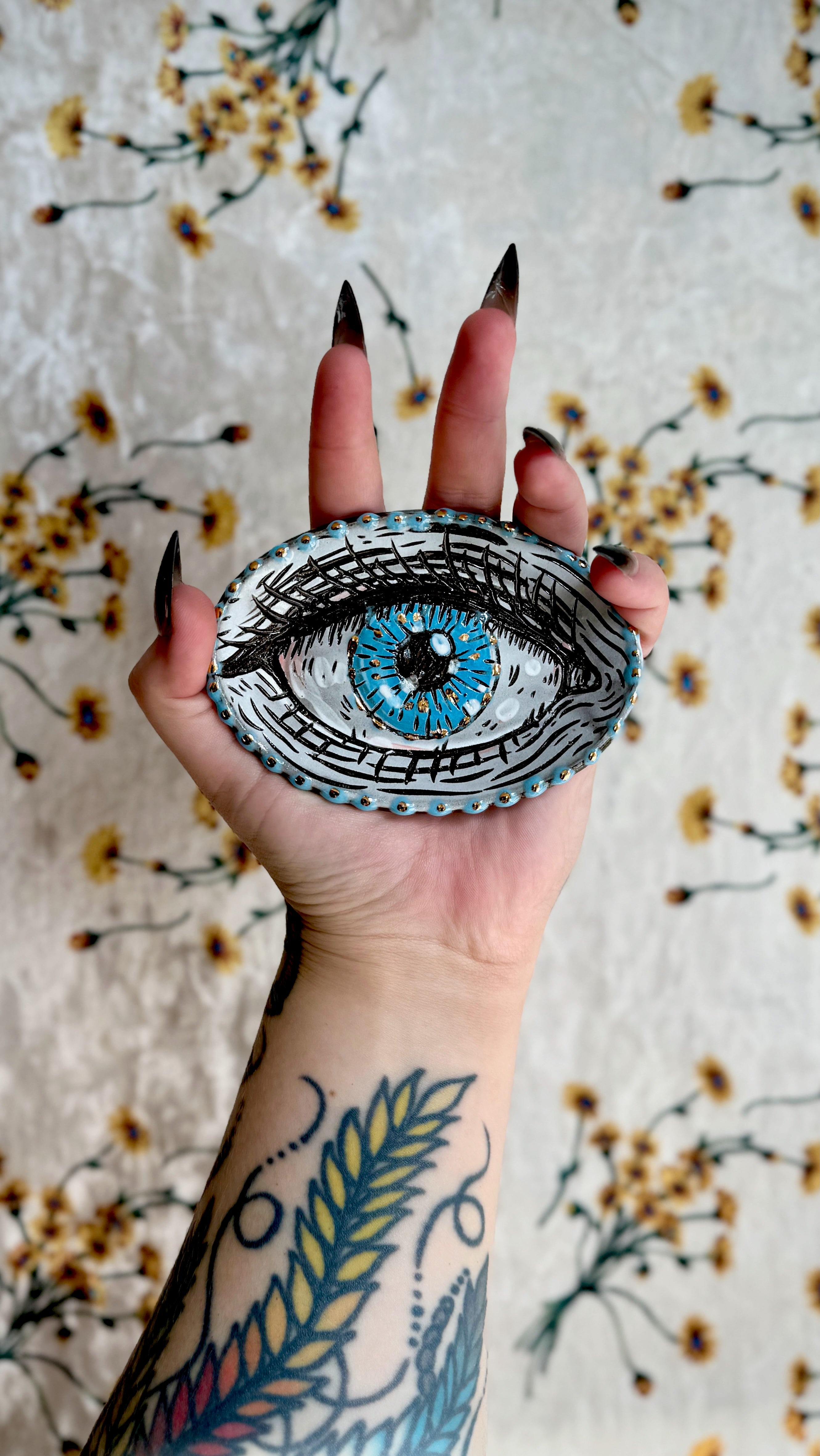 Handmade ceramic stoneware ring dish with stylized eye design
