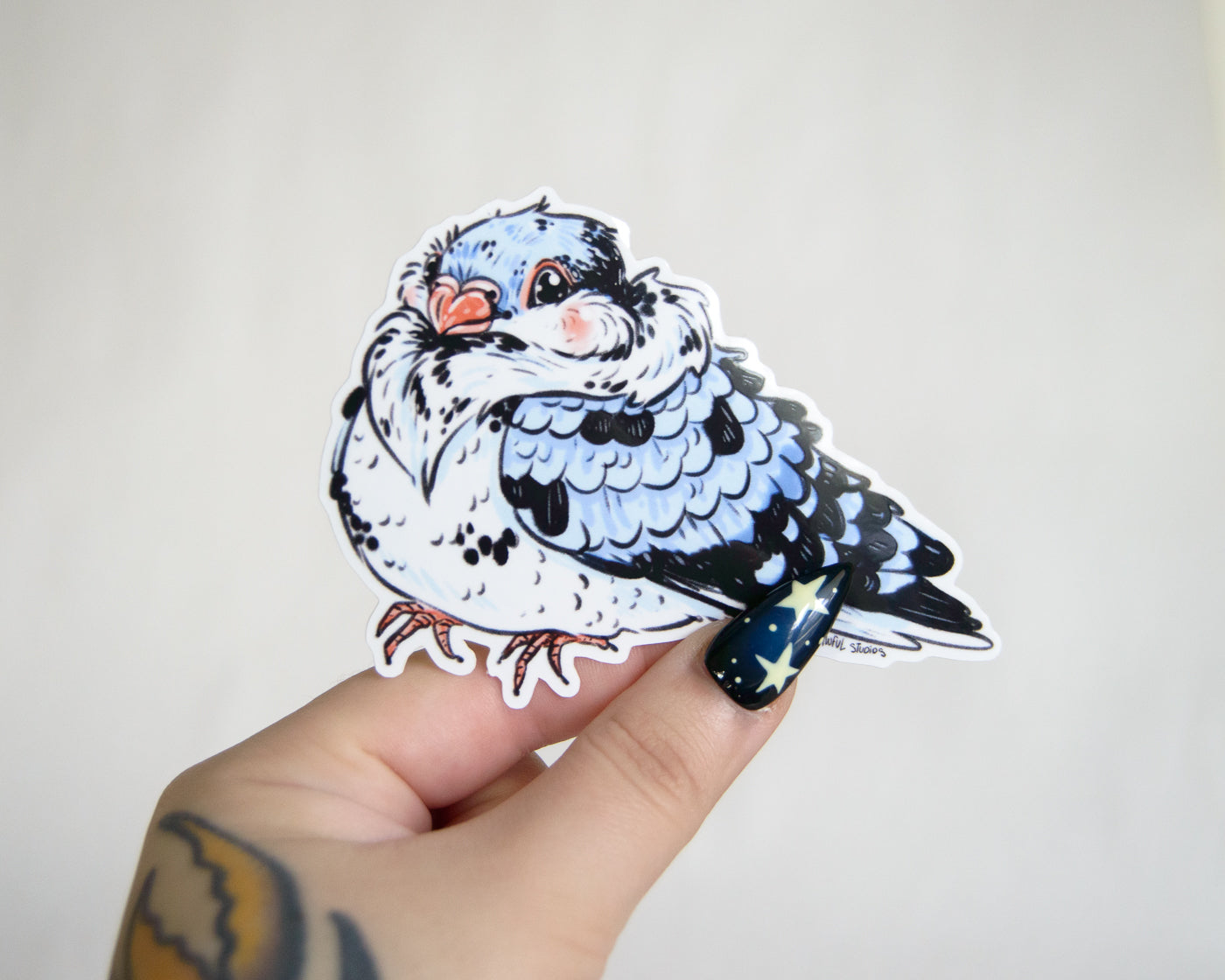 Hand holding a sticker of a colorful fluffy pigeon against a plain background