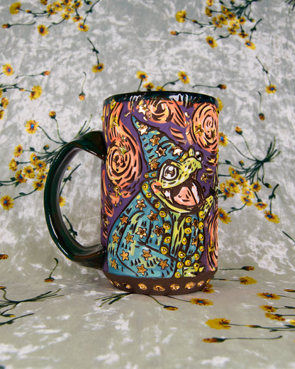 Colorful mug with artistic design of a frog wizard on a floral background