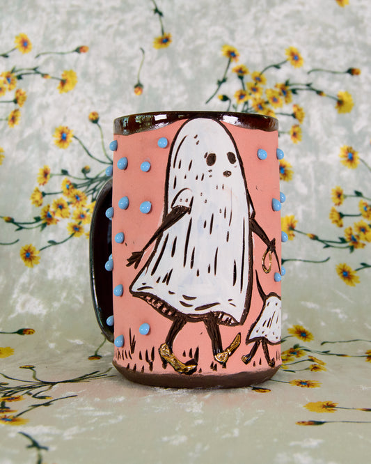 Pink and blue Ceramic mug with ghost design on a floral background