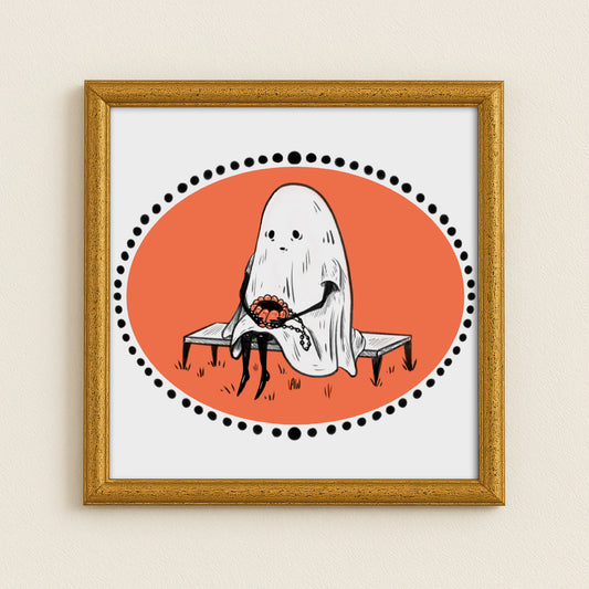 Framed illustration of a ghost with a pumpkin purse on an orange circle background
