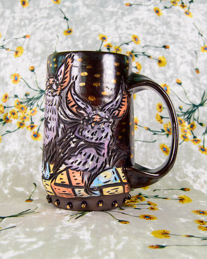 Colorful stoneware mug with cute cartoon dancing bat designs 