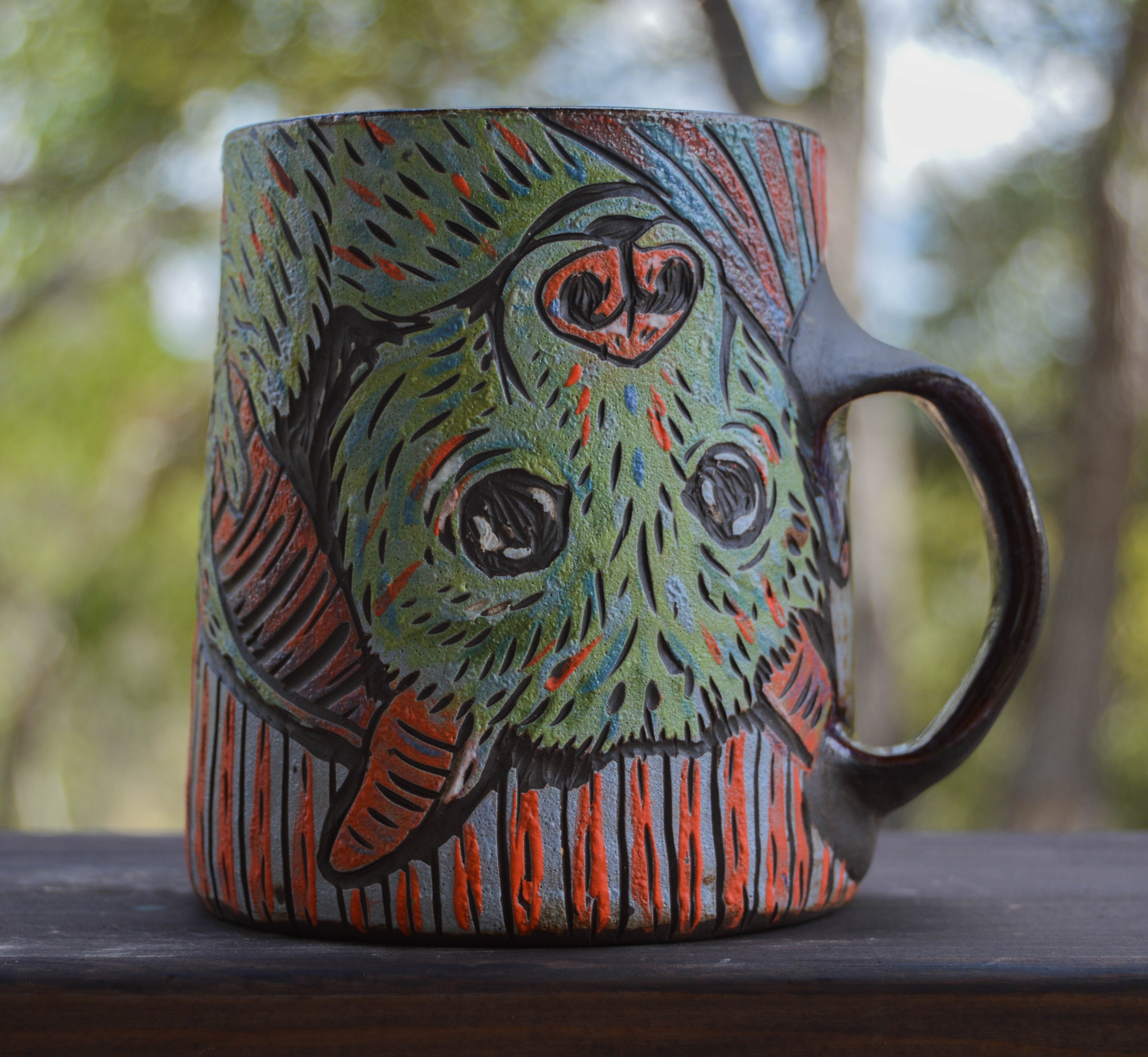 Handmade ceramic stoneware mug with cute stylized bat designs