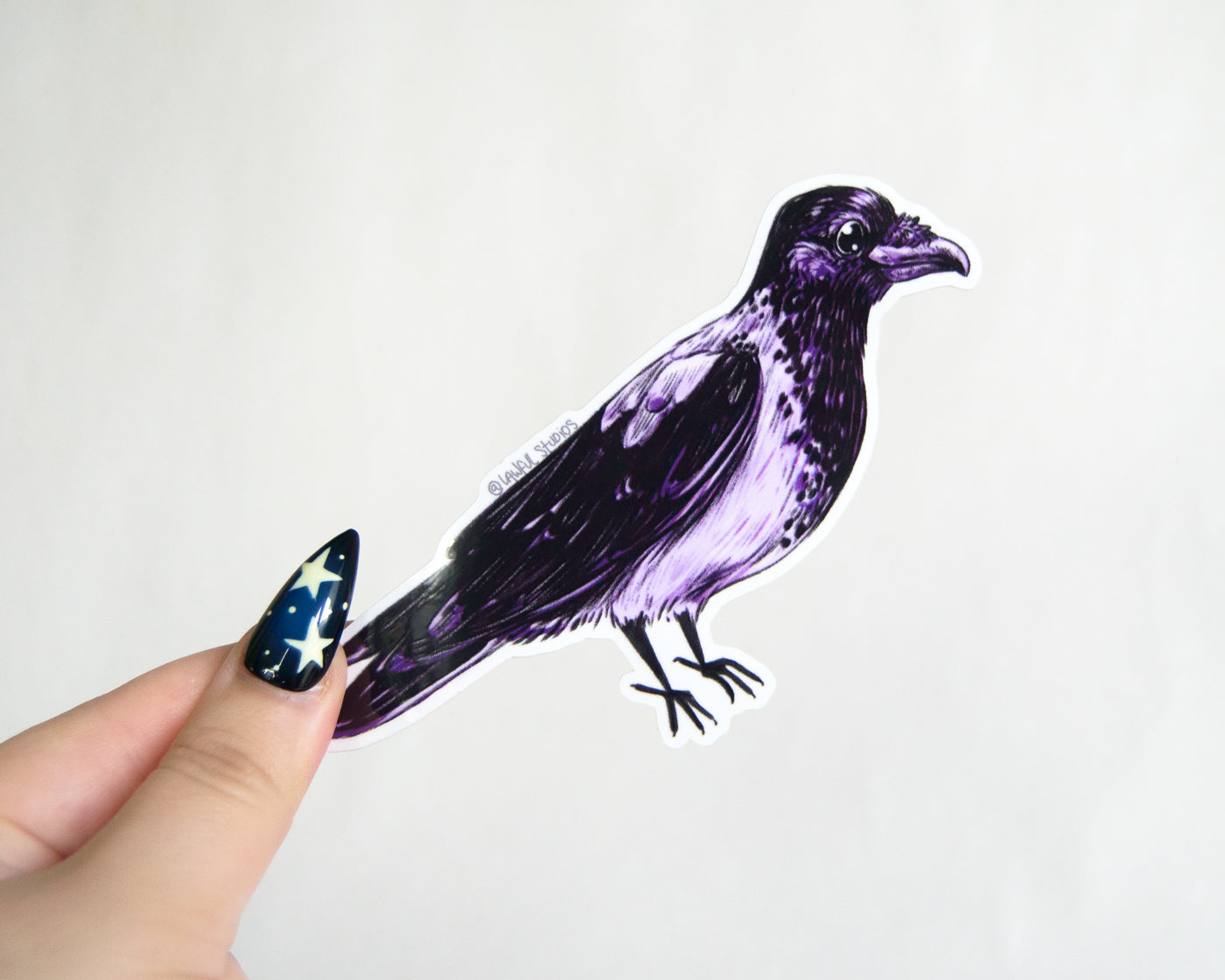 Hand holding a purple and black crow sticker against a white background