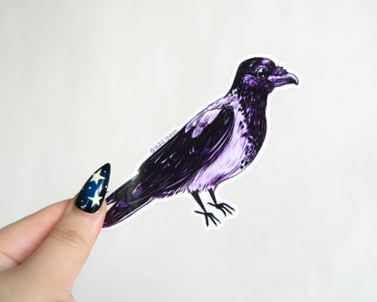 Hand holding a purple and black crow sticker against a white background