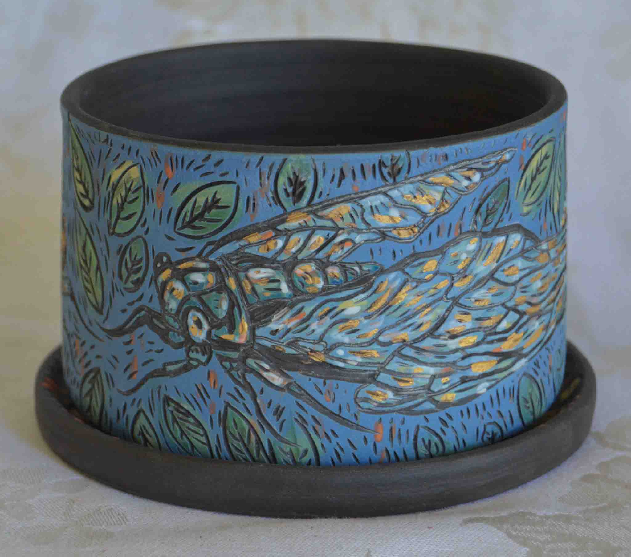 Handmade ceramic stoneware planter with cicada and leaf designs
