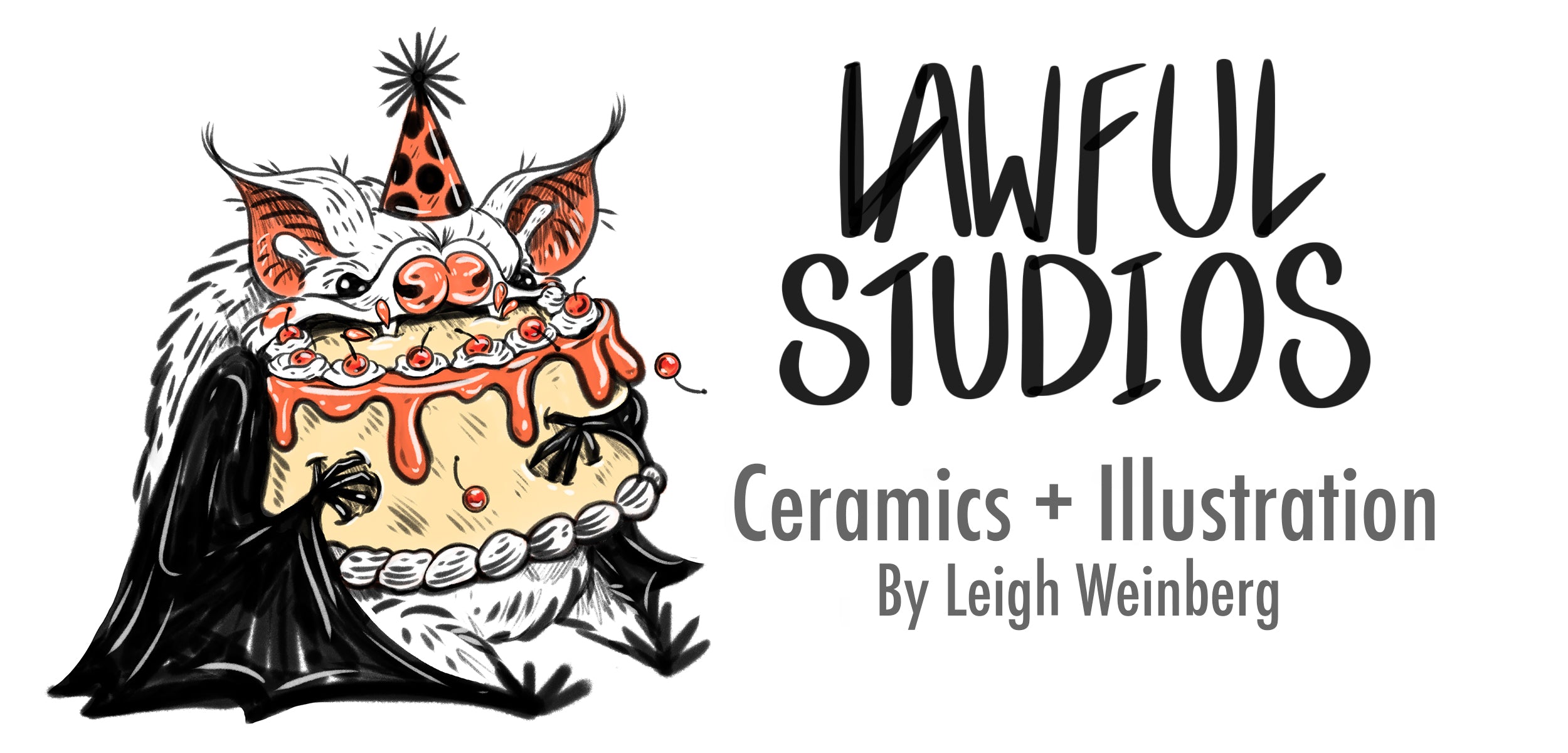 Logo for Lawful Studios featuring a stylized bat wearing a party hat and eating cake and text about ceramics and illustration.