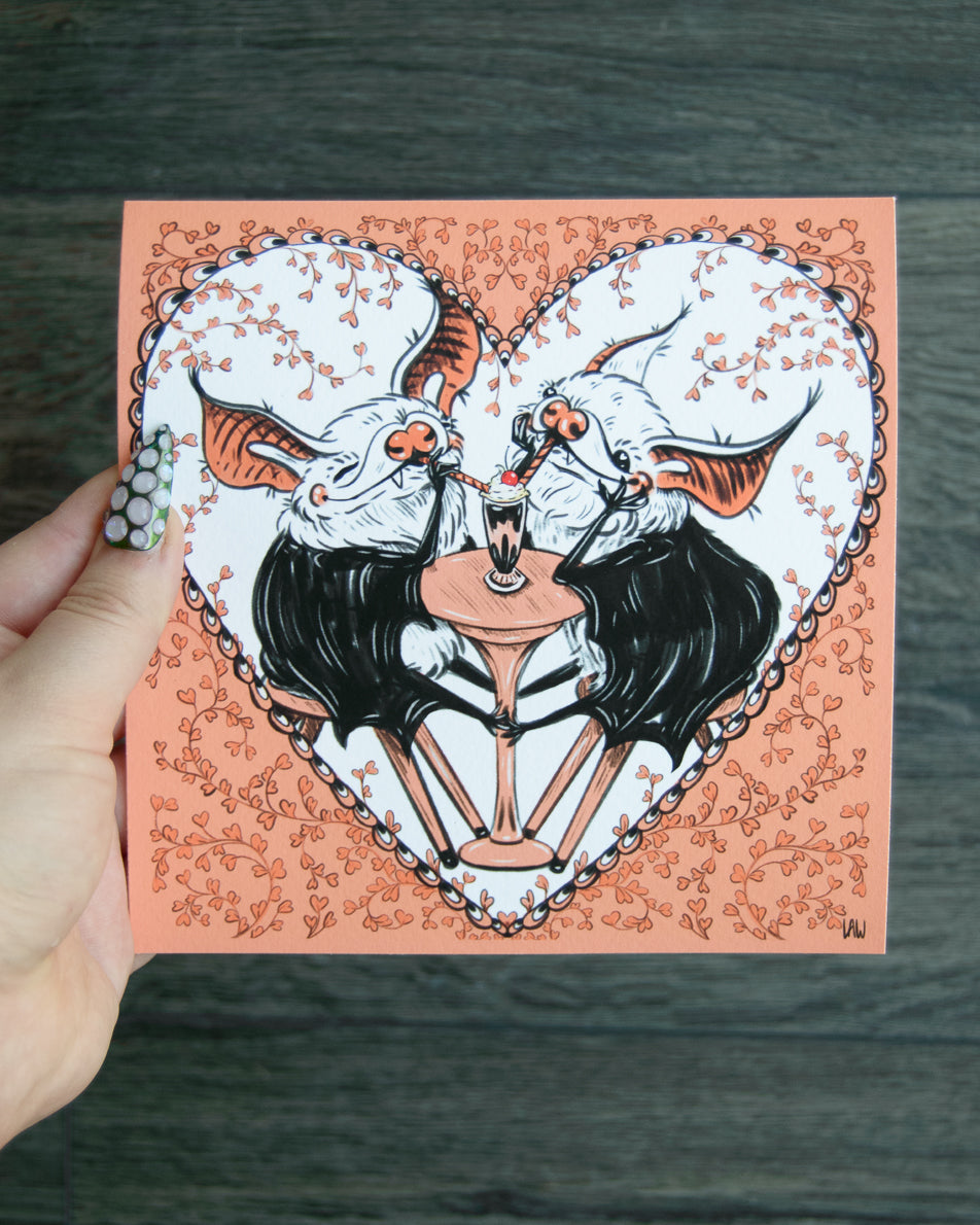 illustration art print of two cute bats in love, sharing a milkshake