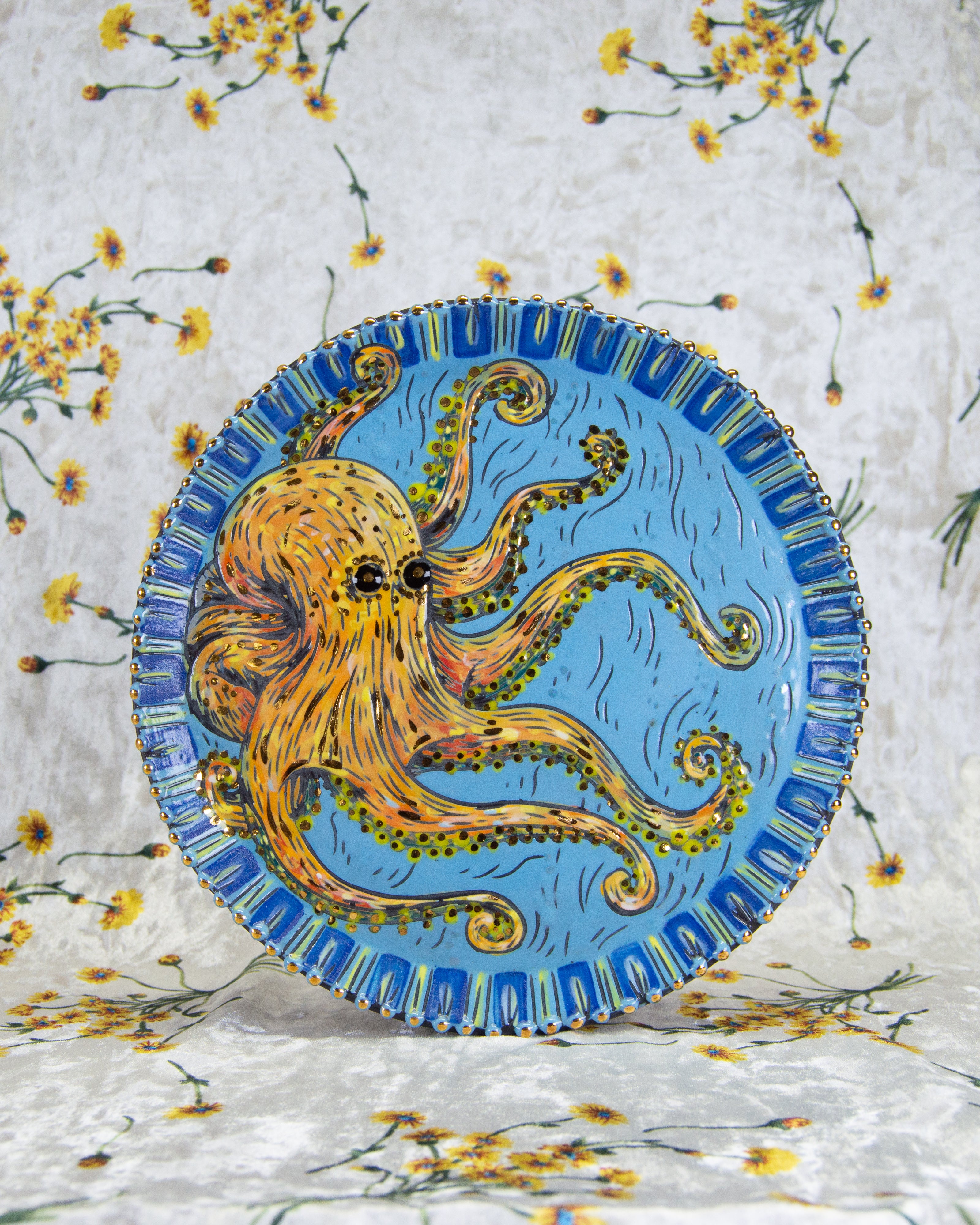 Handmade ceramic porcelain dinner plate with a colorful octopus design