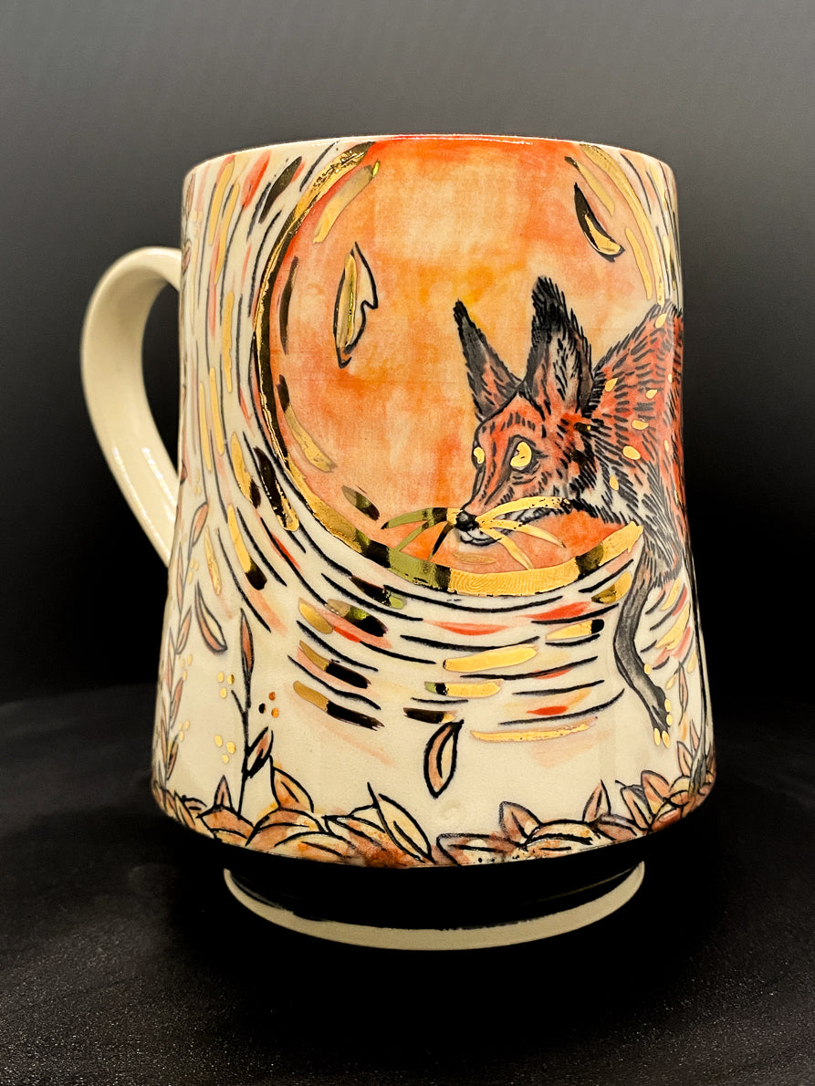 Handmade ceramic porcelain mug with orange and gold autumn fox design