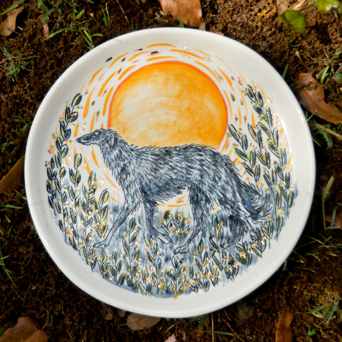 Handmade ceramic porcelain plate with a black borzoi dog design