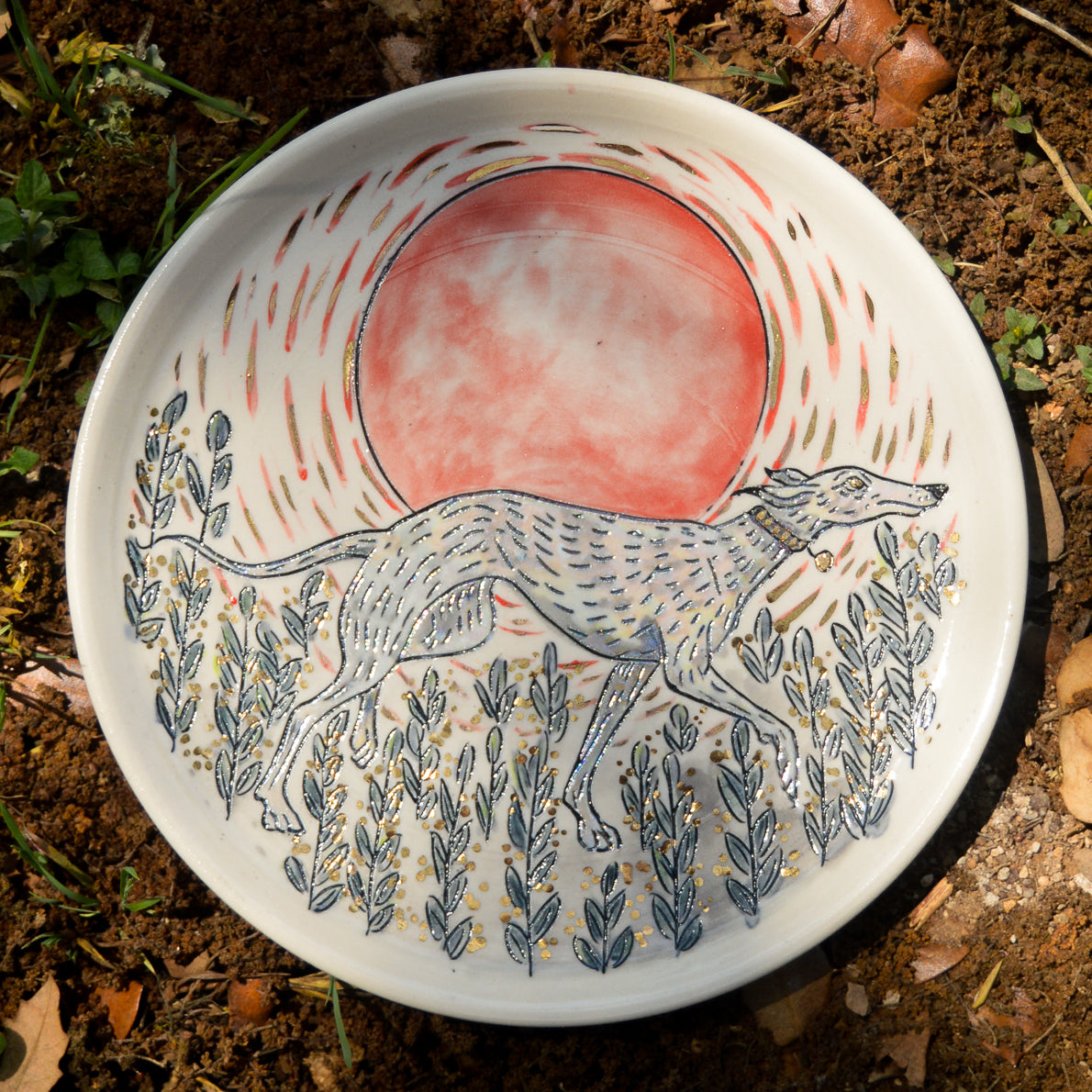Handmade ceramic porcelain plate with greyhound dog design