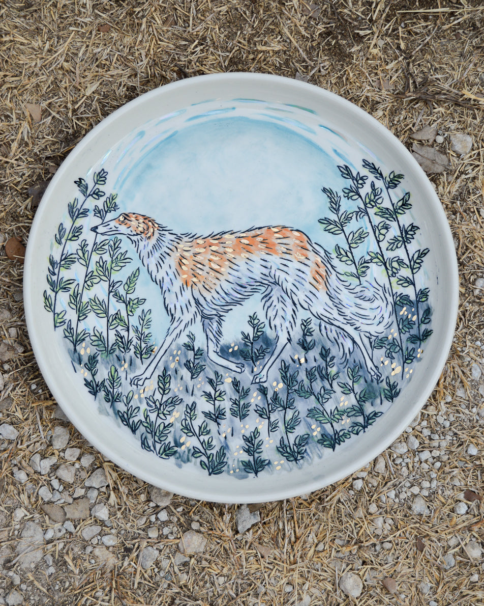 Handmade ceramic porcelain plate with a red and white borzoi dog design