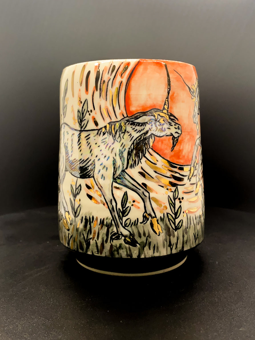Handmade ceramic porcelain mug with elegant unicorn designs