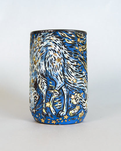 Artistic mug with a starlight fox design on a white background