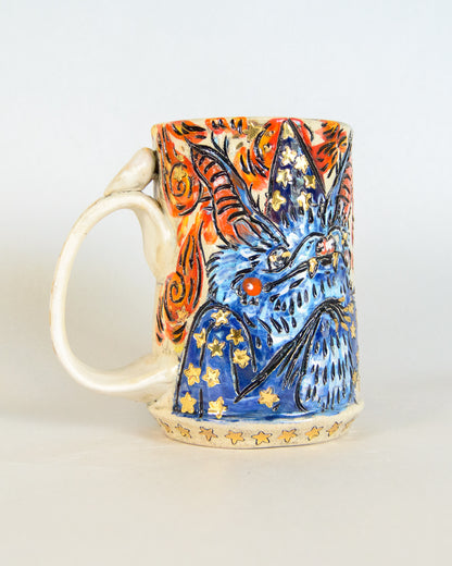 Ceramic mug with a colorful design of a wizard bat and stars on a white background