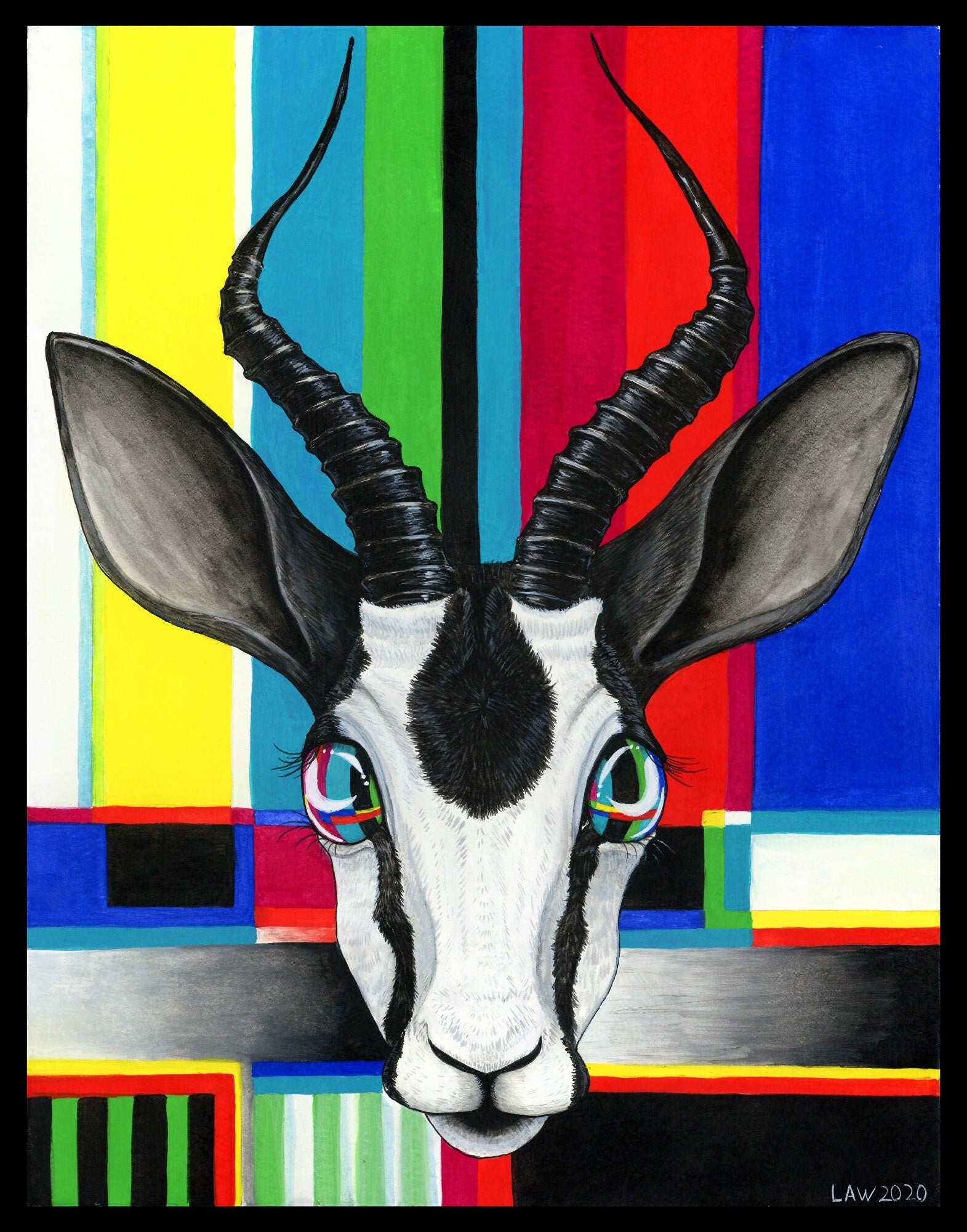 Gouache stylized painting of an antelope with television static by Leigh Weinberg