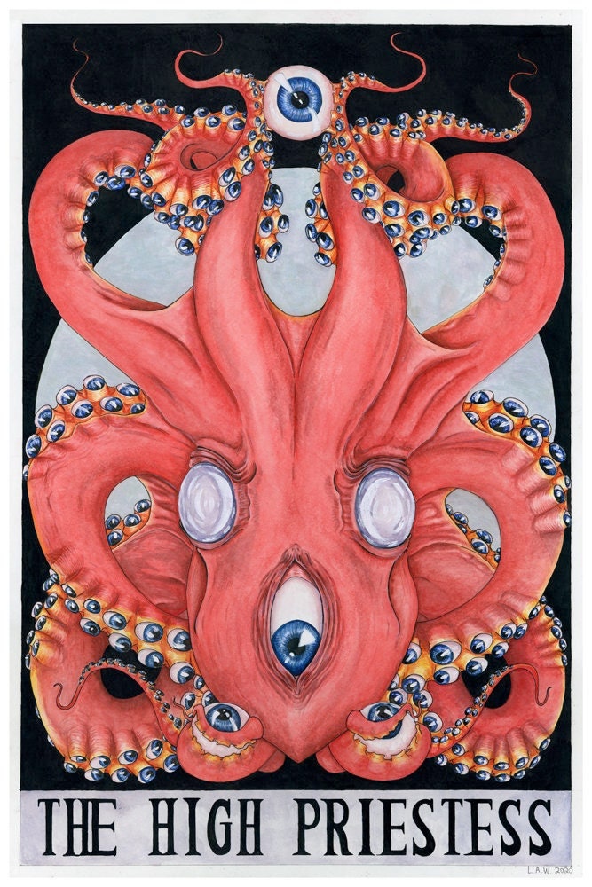 An archival print of 'The High Priestess' featuring a stylized, colorful artistic depiction of an octopus with eye tentacles and text by leigh weinberg