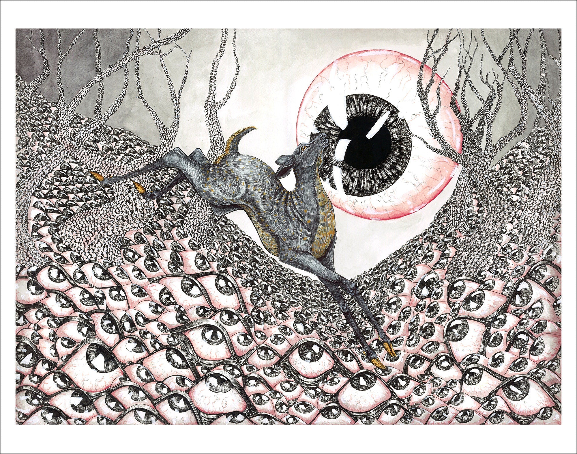 Detailed Watercolor spooky painting of a deer bounding through a field made of eyeballs by Leigh Weinberg